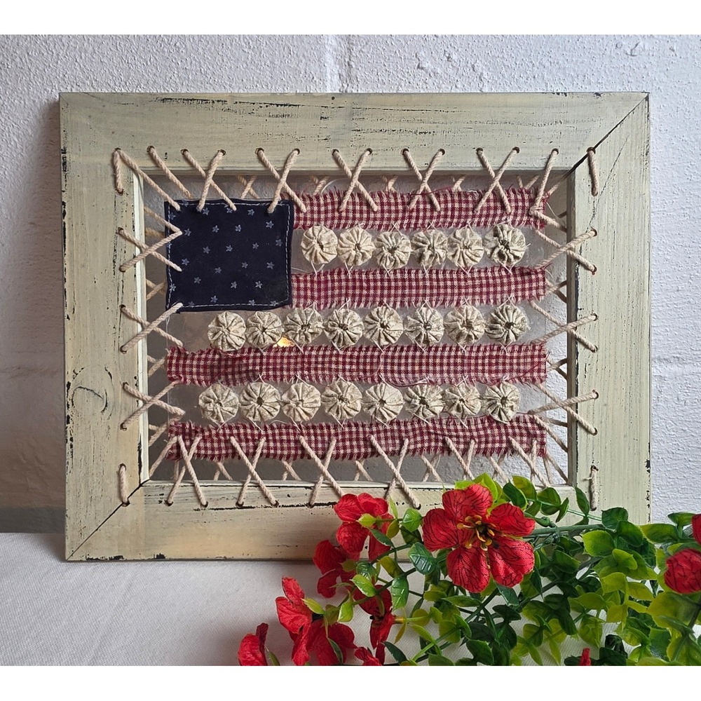 Handcrafted Primitive American Flag Wall Art Distressed Wood Frame Gingham USA